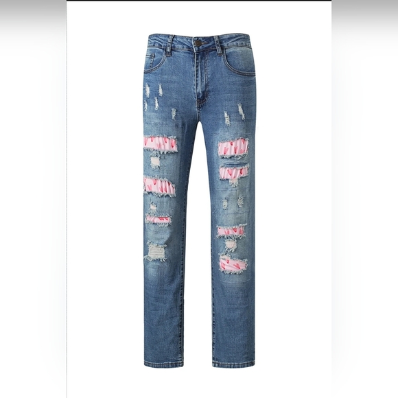 Evaless Heart Print Straight Mid Waist Ripped Jeans, Size M - Picture 5 of 11